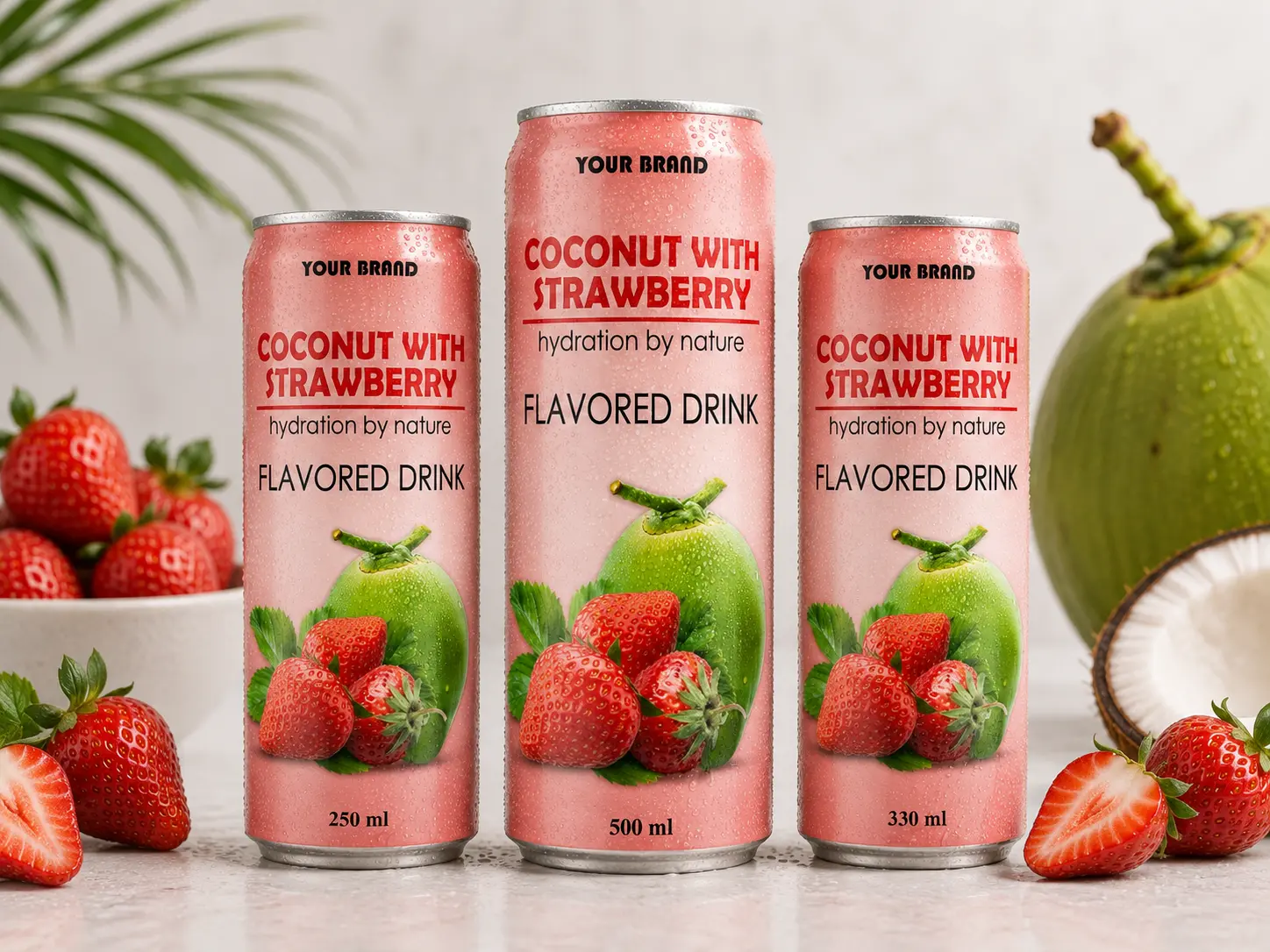COCONUT FLAVORED DRINK strawberry flavour shown in 250ml, 500ml, and 330ml cans.